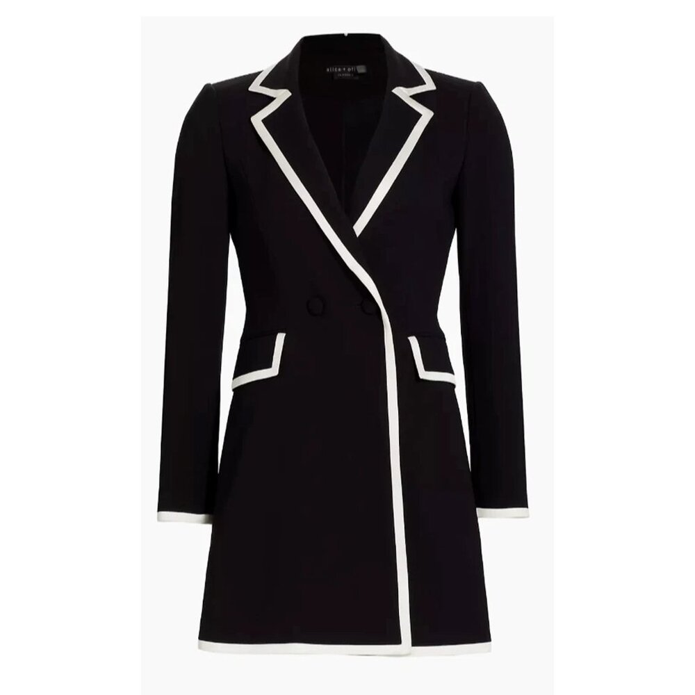ALICE + OLIVIA KYRIE Pipe Tuxedo Coat Dress 4 Black White TRIM Pockets NWT $495